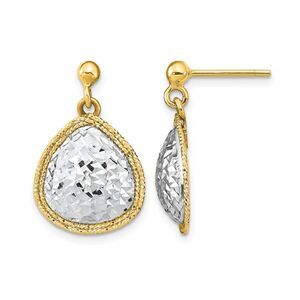 14K Yellow and White Gold Diamond-Cut Teardrop Dangle Earrings
